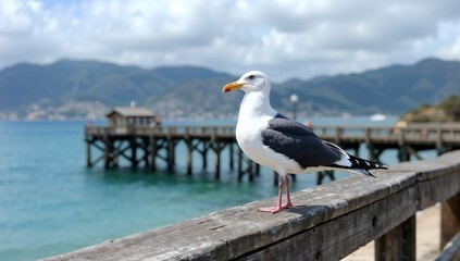 Seagull perched on a weathered wooden railing overlooks the tranquil ocean and distant coastal