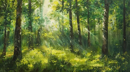Fototapeta premium Sunbeams pierce a lush green forest, illuminating the forest floor with dappled light and shadows. The tall trees create a sense of depth and tranquility