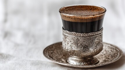 Elegant Traditional Silver Coffee Cup Filled with Rich Dark Turkish Coffee on Ornate Silver Tray