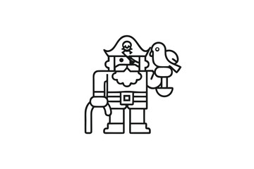 Outline Pirate With Bird On Hand, Eyepatch, Hat With Skull, Cane, Beard