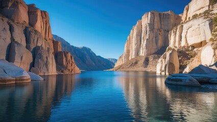 Cliffs and rocky formations surrounding a calm body of water under a clear blue sky.