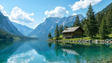 Obraz premium Rustic cabin sits lakeside amidst towering mountains and evergreens under a bright, cloudy sky.