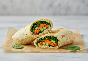 Hummus and Vegetable Wrap: A healthy wrap filled with hummus, spinach, carrots, and cucumber, sliced in half and served on craft paper, with loose spinach leaves on the side
