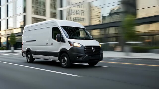 Dynamic white delivery van speeding through city streets with motion blur for fast and reliable shipping and logistics solutions video
