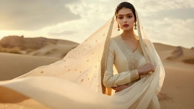 Layered salwar suit with chiffon dupatta, soft sand-colored background 