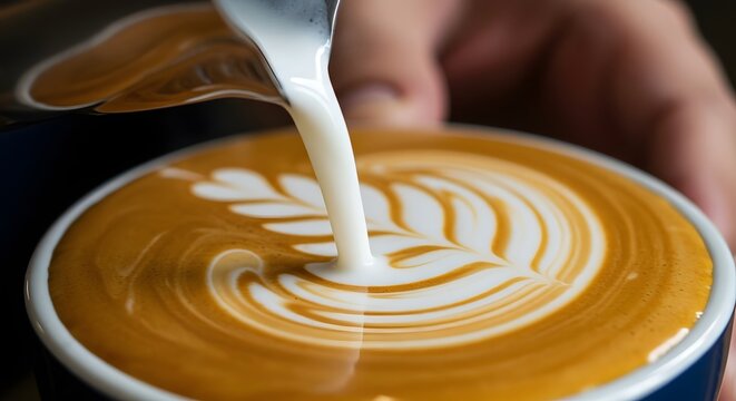 Close-up of latte art being poured into a coffee cup, showcasing intricate designs and warm colors