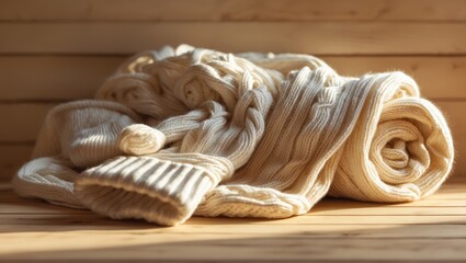 Cream-colored knitted socks and a scarf, rolled up on a wooden surface with a wooden wall background. Cozy winter accessories. Warm and comfortable textiles.