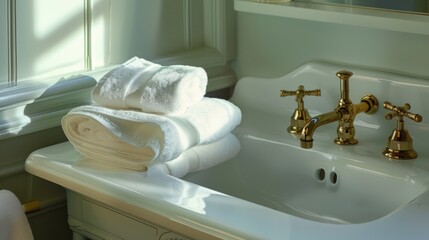 Elegant White Bathroom Sink with Gold Fixtures and Fresh Towels Near Window