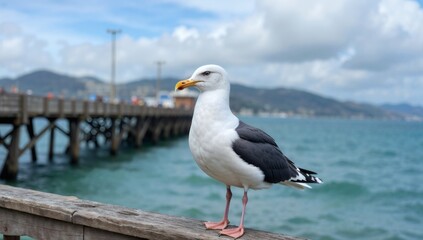 A Seagull stands prominently on a pier railing, overlooking a serene sea with distant mountains
