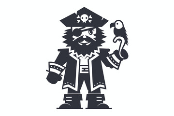 Pirate Captain with Parrot, Hook Hand, Eye Patch, Beard on White Background