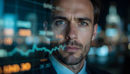 Serious businessman analyzing financial data with digital graph overlay at night