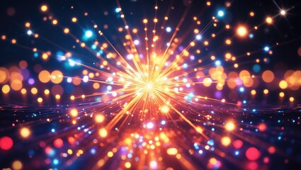 Naklejka premium Bright explosion of light with colorful sparks and dots radiating outward, creating a dynamic and energetic visual effect.