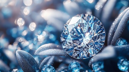 Fototapeta premium Blue diamond nestled among silver leaves and gems