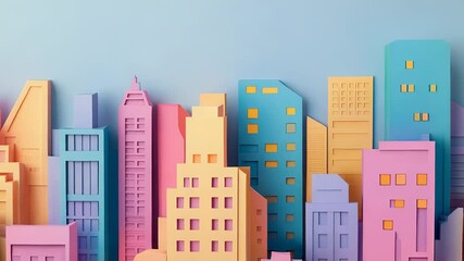 Colorful cartoon cityscape rising against blue sky