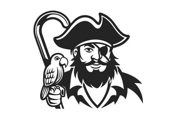 Pirate with Eye Patch and Parrot on Cane Black Silhouette on White Background