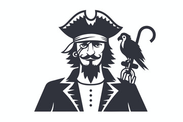 Pirate with Eye Patch and Parrot on Hand Hook on White