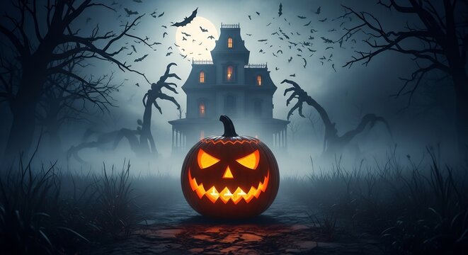 A glowing jackolantern sits before a haunted house framed by gnarled trees under a full moon and circling bats