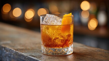 Old Fashioned Cocktail On Rustic Bar Counter. Classic Whiskey Drink With Orange Garnish In Cozy Bar Setting
