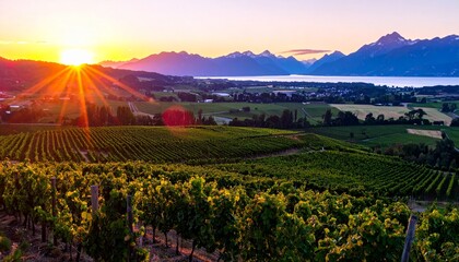 Picturesque golden hour in a vineyard, with lake and snow-capped peaks.