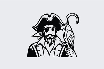 Pirate with Eye Patch Holding Bird Silhouette on White Background