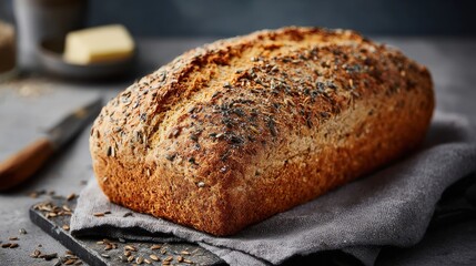 Loaf Of Multigrain Bread On A Cloth With Seeds And Butter In The Background. Freshly Baked Bread For Healthy Eating