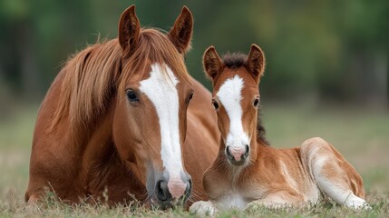 Majestic mare and her playful foal resting in a lush green field under soft daylight