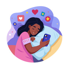 Cartoon dark skin female user lying with smartphone in bed at night, network addict person hugging cellphone with mobile apps icons. Happy sleep of girl in embrace with phone vector ... See More