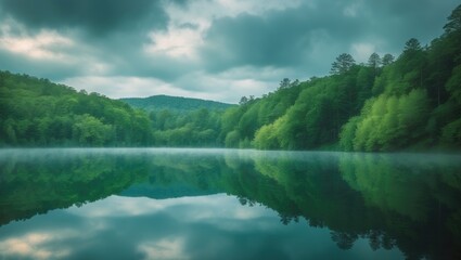 Fototapeta premium Lush green forest surrounding a calm lake with cloudy sky overhead. Nature and tranquility, concept. Ecosystems and environmental connection. The concept of biodiversity and ecosystem balance.