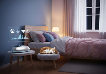 Peaceful cat sleeps soundly near futuristic pet monitor displaying health metrics in cozy bedroom