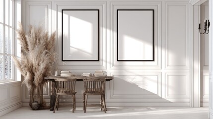 Elegant White Living Room Wall with Large Empty Frames and Natural Light