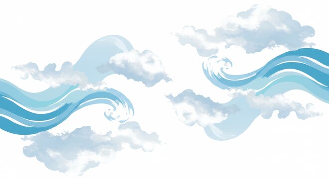 爽やか水彩画 青い波と雲 優しく流れる (Sayaka suisaiga aoi nami to kumo yasashiku nagareru) This translates roughly to: "Refreshing watercolor painting; blue waves and clouds flowing gently.". AI Generated