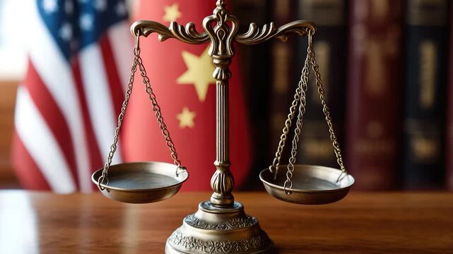 A classic scale of justice sits atop a wooden table, symbolizing fairness and equality