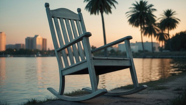 A rocking chair by the water near palm trees at sunset, with a city skyline in the background. Relaxation, nature, and urban scenery.