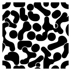Black and white abstract pattern with organic shapes and circles, dynamic and modern design