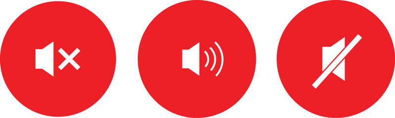 Red Audio Icons Set – Mute, Volume,Sound Off,Speaker Button Symbols – Flat Red Circle Icons,Volume Control Icons – Sound On and Mute Buttons,Red UI Sound Icons – Audio Control Symbols
