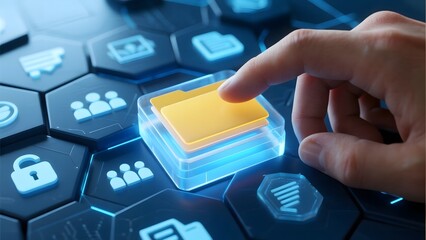 Hand interacting with a digital folder on a hexagonal interface, symbolizing data management and technology.