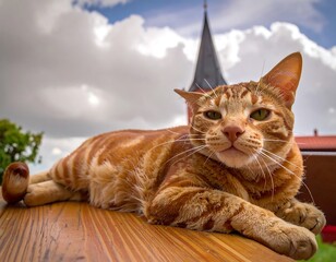 A ginger cat resting on a wooden surface, with a church steeple in the background