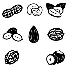 Collection of Nine Nut Icons Peanuts, Cashews, Pecans, Almonds, Walnuts, and Hazelnuts