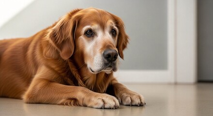 A Golden Retriever with a White Muzzle Poses Elegantly on a Shiny Floor, Eyes Reflecting Wisdom