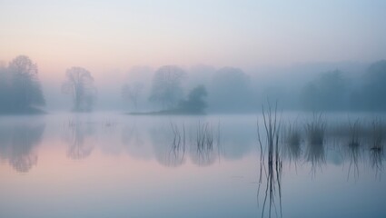 Fototapeta premium Calm lake scene with misty trees and gentle reflections during dawn or dusk. Nature landscape with tranquil water and soft colors.
