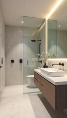 Serene Minimalist Bathroom Design Walk-in Shower, Floating Vanity, and Large Mirror.  Neutral tones create a calm, modern atmosphere perfect for home design inspiration.