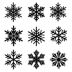 Black and white snowflake designs, collection of winter elements, decorative ice crystal patterns