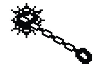 Pixel Art Mace Vector, Black Spiked Weapon with Chain on White Background Design