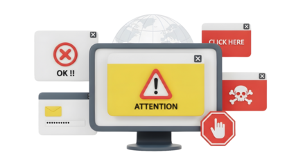 Security Alert Digital Threats on a Computer Monitor with Pop-up Windows and Icons, Representing Cybersecurity Risks, Data Breach, and Online Safety, Isolated on a transparent background