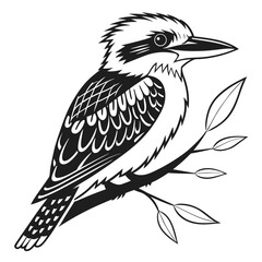 Stylized black and white illustration of a kookaburra bird on a branch