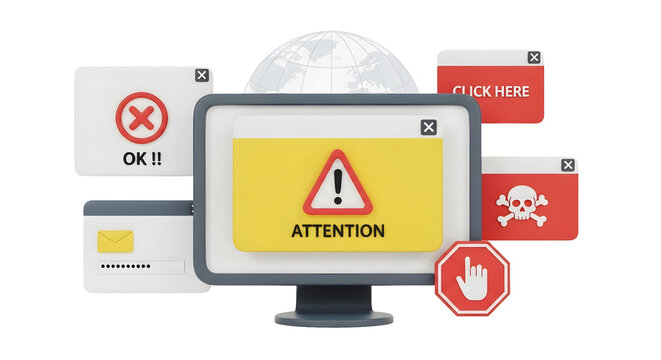 Security Alert Digital Threats on a Computer Monitor with Pop-up Windows and Icons, Representing Cybersecurity Risks, Data Breach, and Online Safety, Isolated on a transparent background