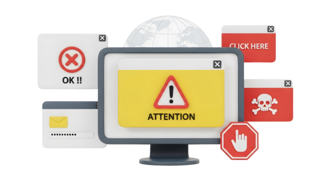 Security Alert Digital Threats on a Computer Monitor with Pop-up Windows and Icons, Representing Cybersecurity Risks, Data Breach, and Online Safety, Isolated on a transparent background