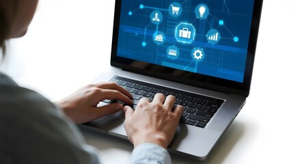 Person typing on a laptop with a screen displaying digital icons and network connections
