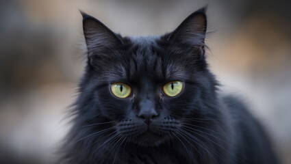 Fototapeta premium A close-up of a black cat with yellow eyes, showing sharp features and focused gaze.