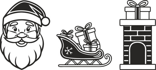 Christmas Vector Icon Set – Santa Claus, Sleigh, Gifts, Boots, and Chimney
